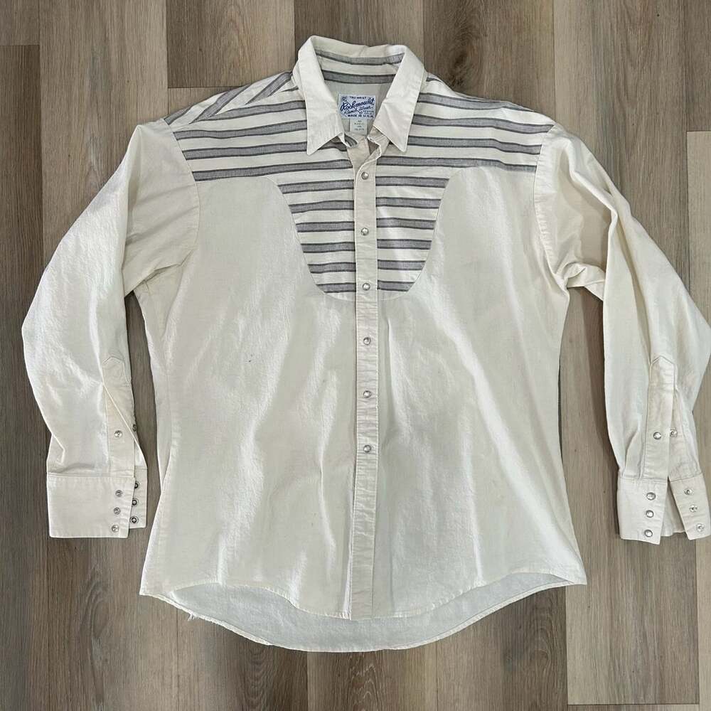 Vintage Rockmount Ranch Wear Western Shirt Size Large Striped Ivory Cotton